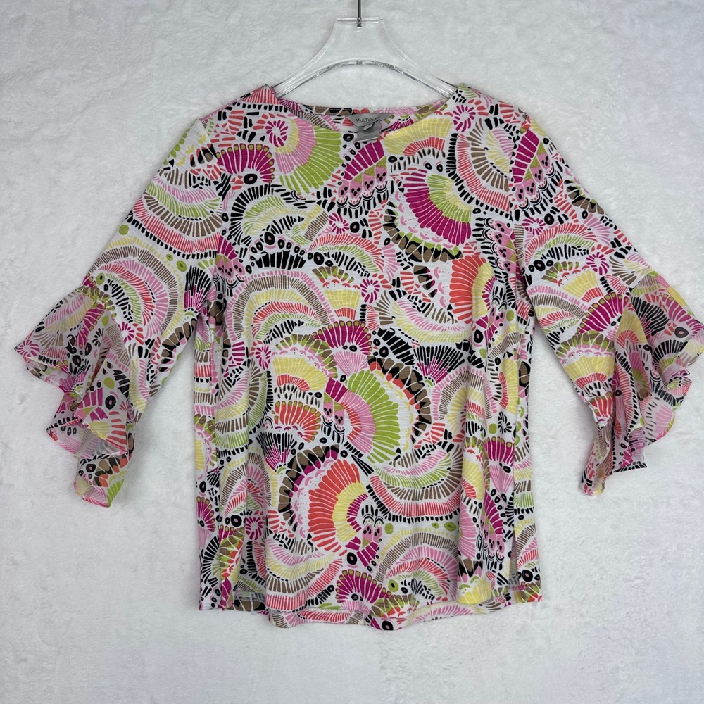 Multiples XS Pink Green Abstract Fan Print Ruffle Bell Sleeve Blouse Top Slits